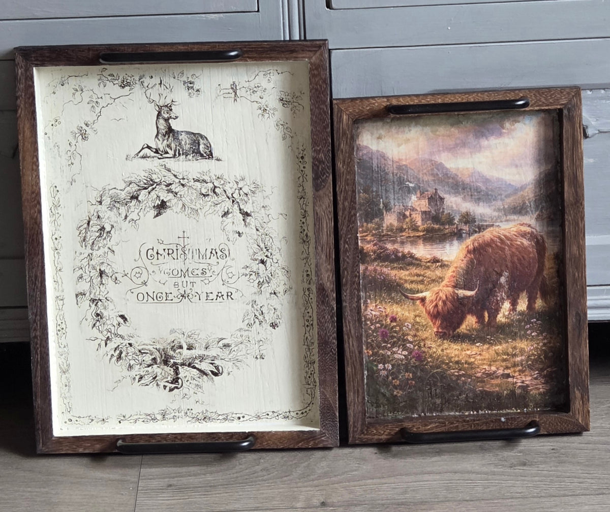 Wooden Tray with Handles Featuring an Highland Cow