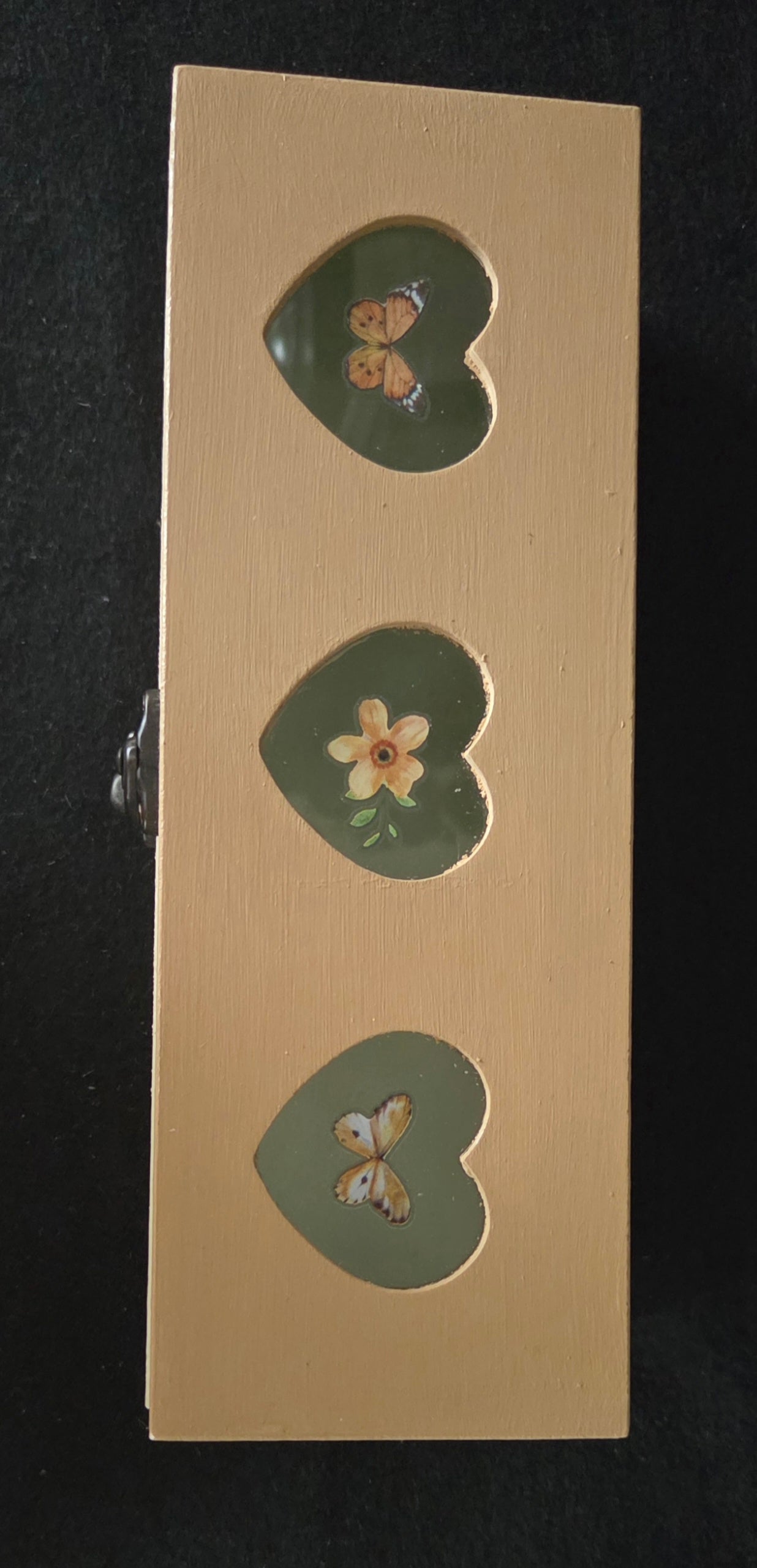 Oblong 3 Compartment, Hand Decorated, Heart Windowed Trinket Box