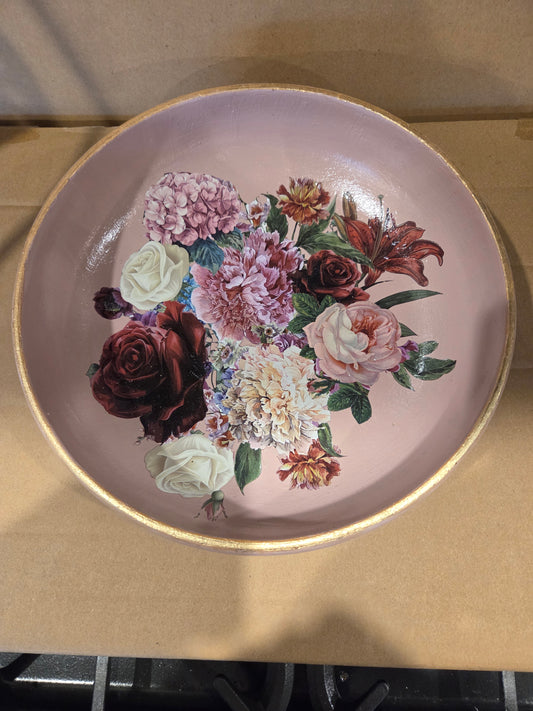 Pink Floral Wooden Bowl
