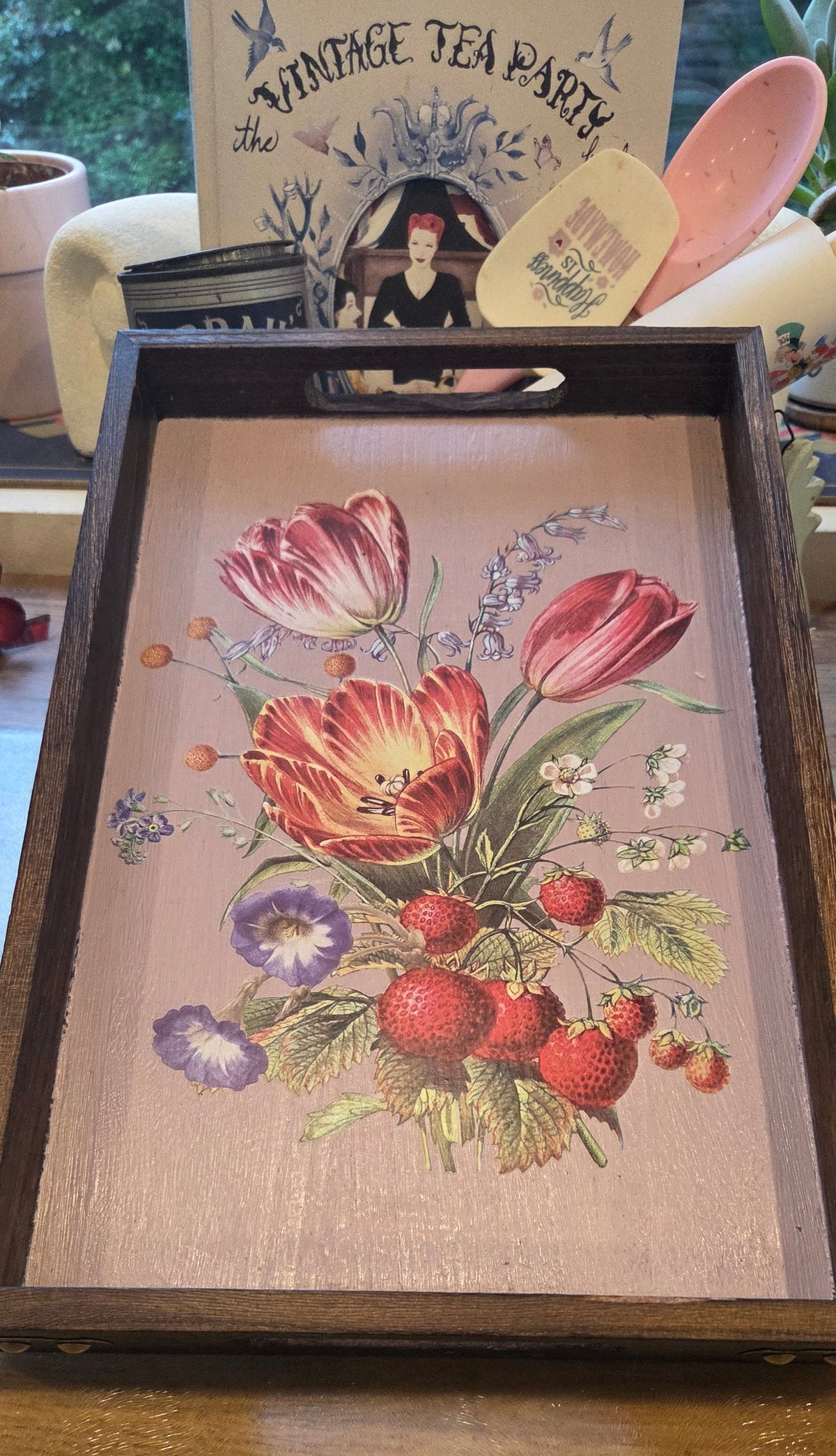 Beautiful Bespoke Hand Decorated Dark Wood 36cm Floral Tray