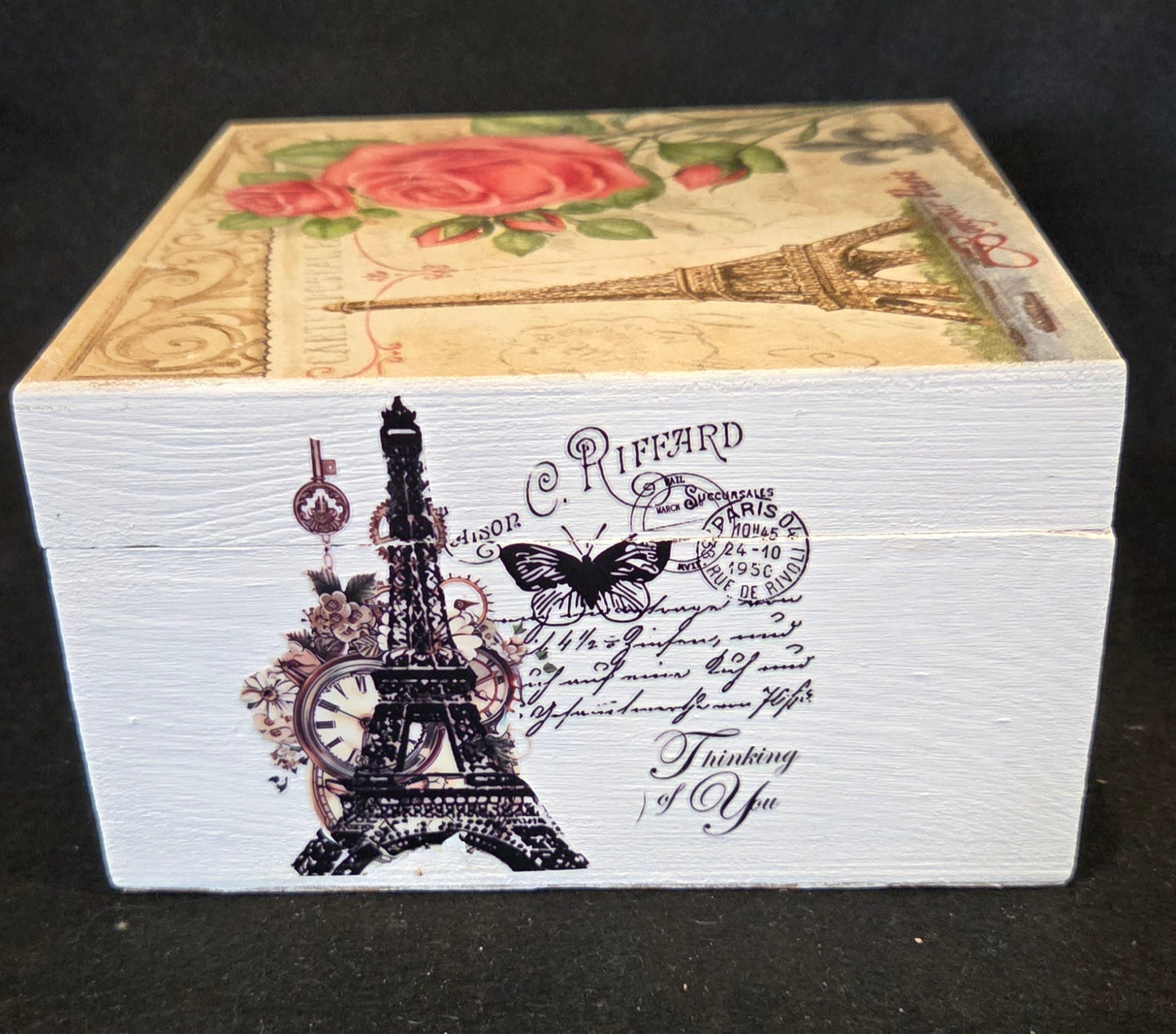 Parisian Themed Square Wooden Box with Clasp.
