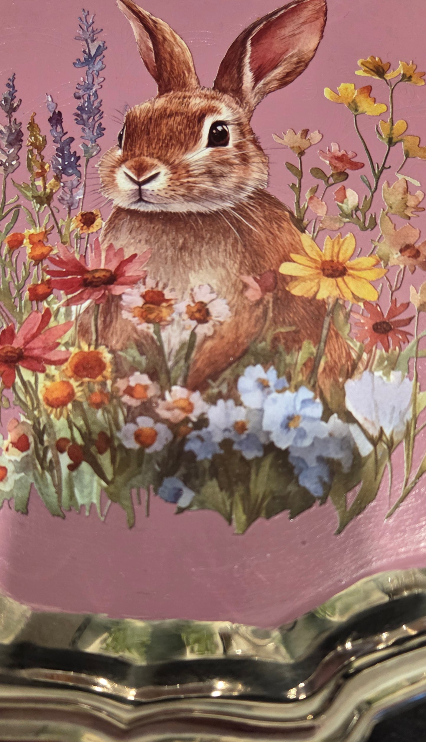 Delightful Bespoke Hand Decorated Rabbit Design Metal Tray - Pink