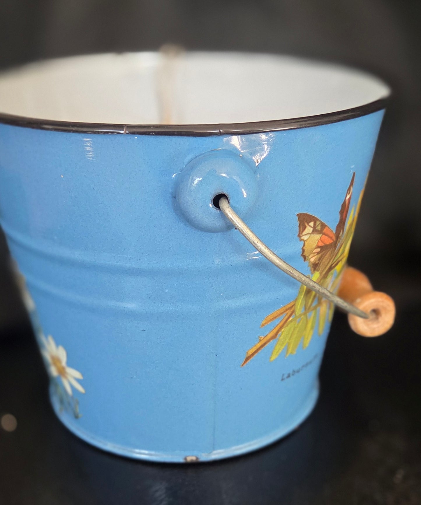 Blue Enamel Bucket/Pail Plant Pot with added floral details.