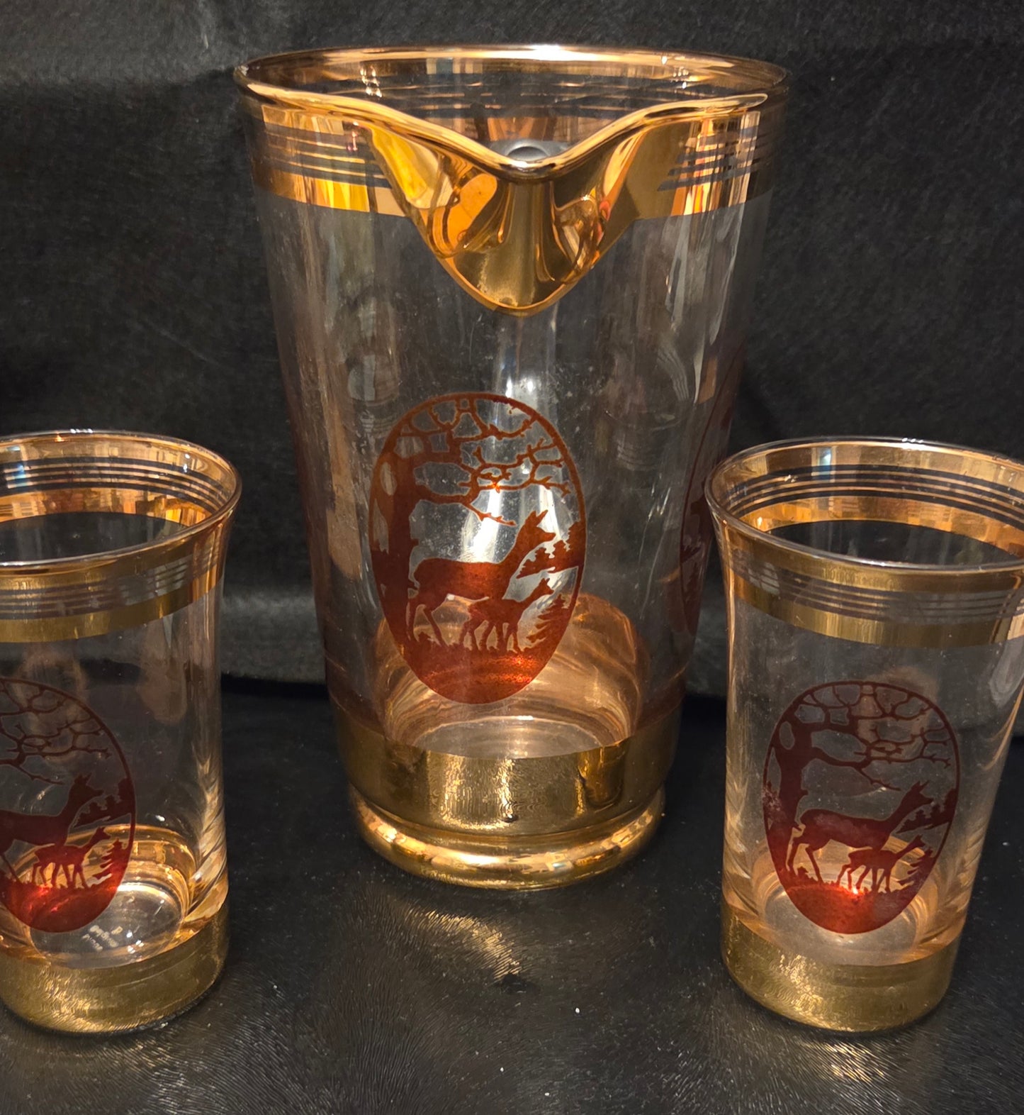 Vintage Belgian Glass Jug and two glasses with Gold Luster and Stag and Deers Scenes