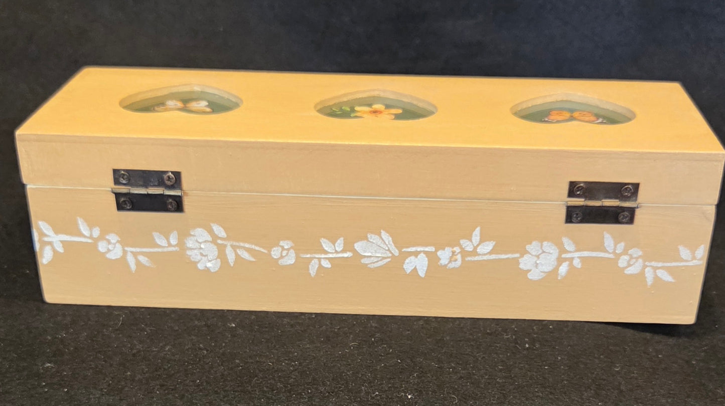 Oblong 3 Compartment, Hand Decorated, Heart Windowed Trinket Box