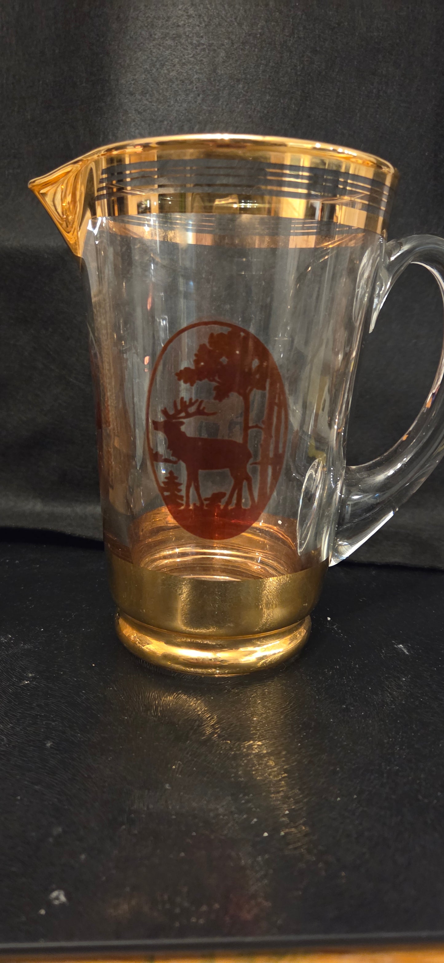 Vintage Belgian Glass Jug and two glasses with Gold Luster and Stag and Deers Scenes