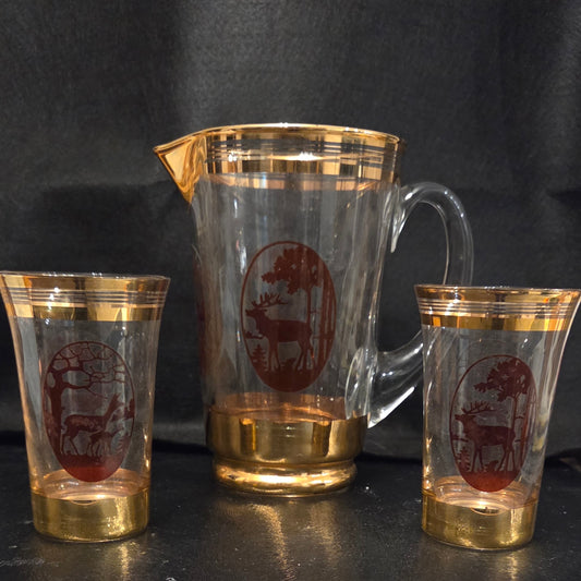 Vintage Belgian Glass Jug and two glasses with Gold Luster and Stag and Deers Scenes