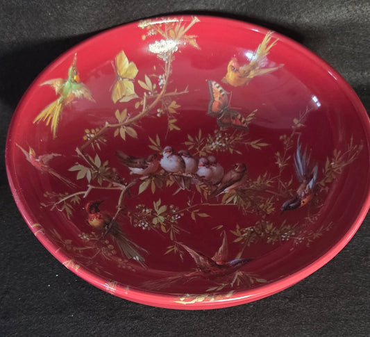 Beautiful Red Bowl with Lovely Floral, Bird and Butterfly Pattern
