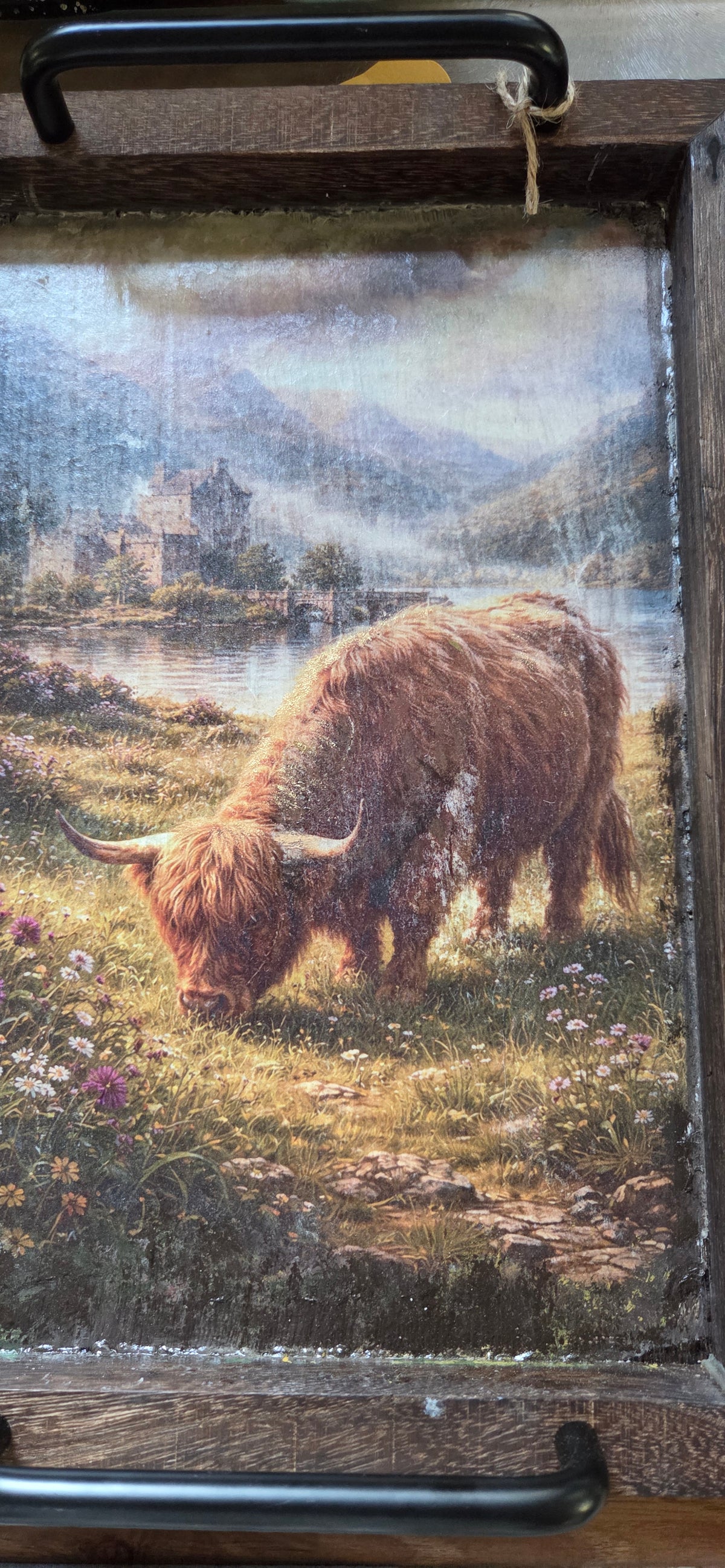 Wooden Tray with Handles Featuring an Highland Cow