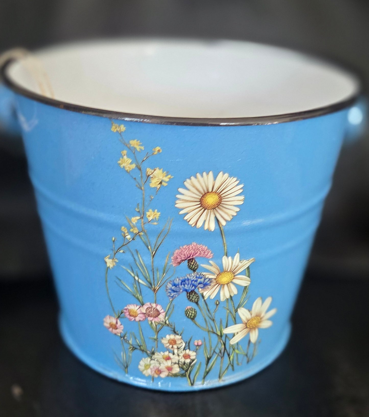 Blue Enamel Bucket/Pail Plant Pot with added floral details.