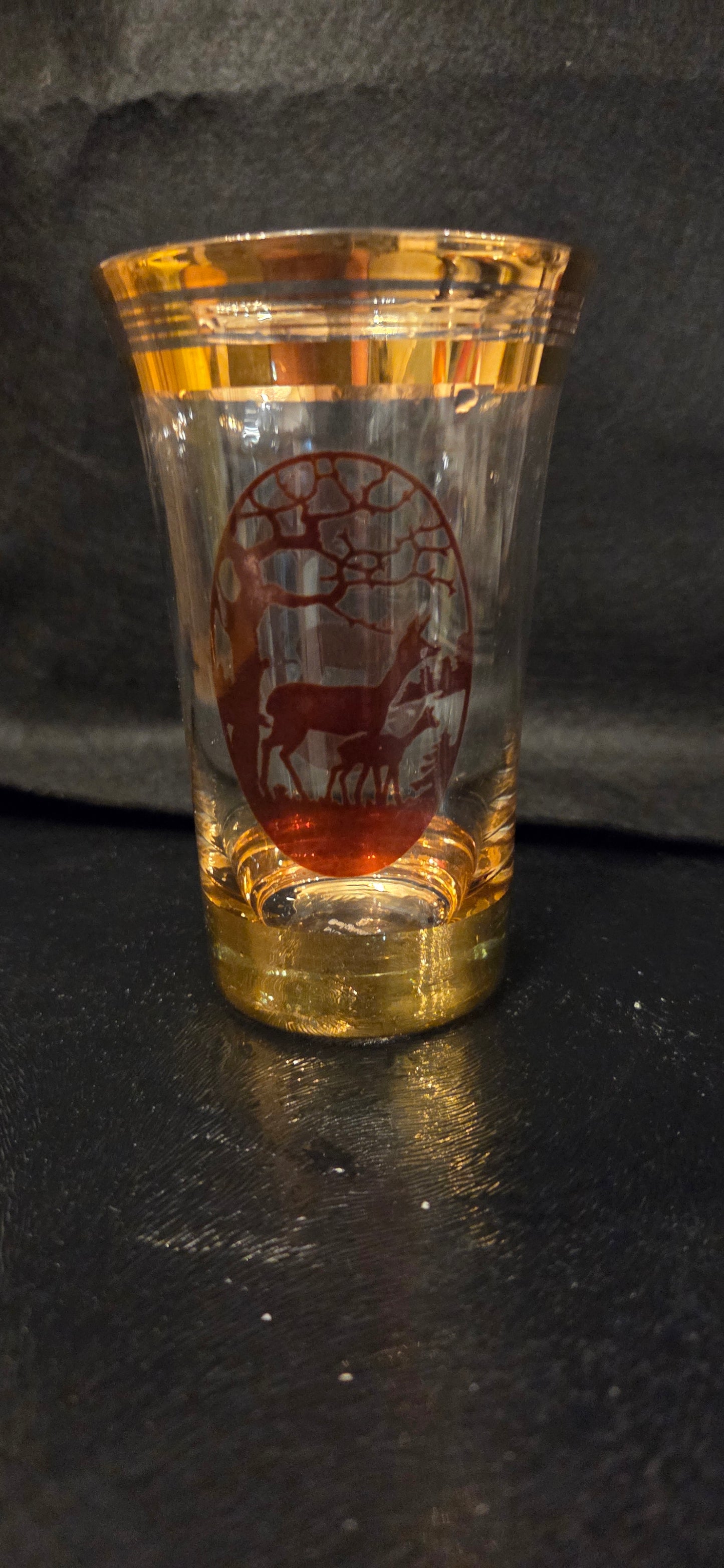 Vintage Belgian Glass Jug and two glasses with Gold Luster and Stag and Deers Scenes