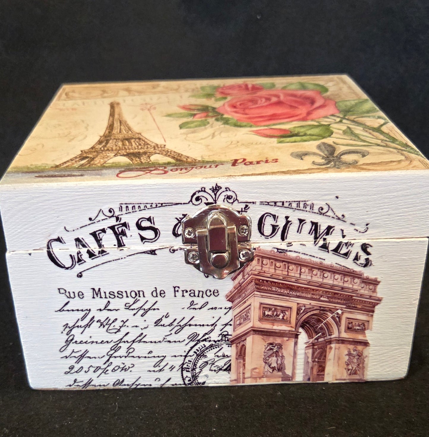 Parisian Themed Square Wooden Box with Clasp.