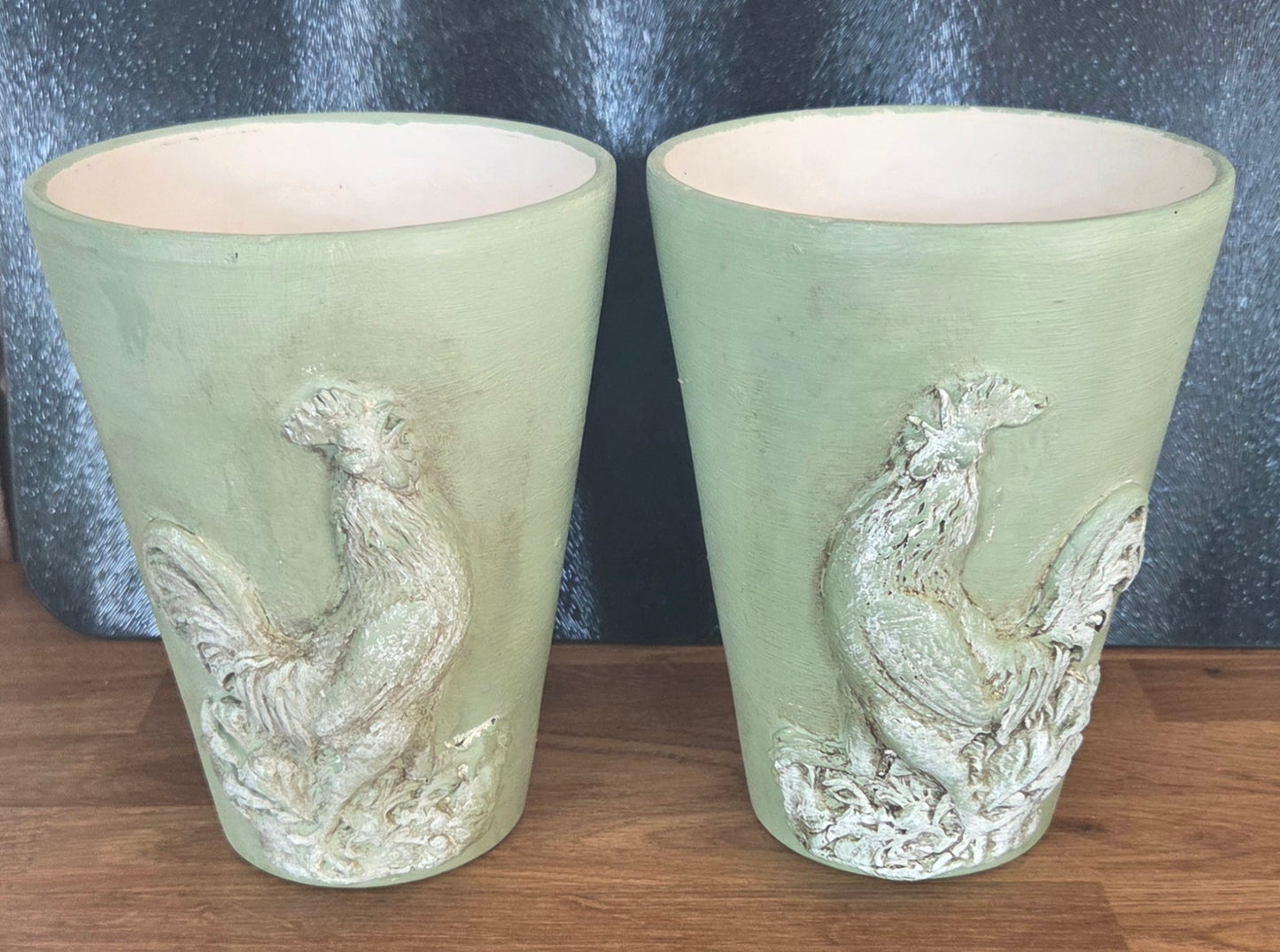 Bespoke Hand Decorated Chicken/Rooster Clay Flower Pots. Sold individually or as a pair.