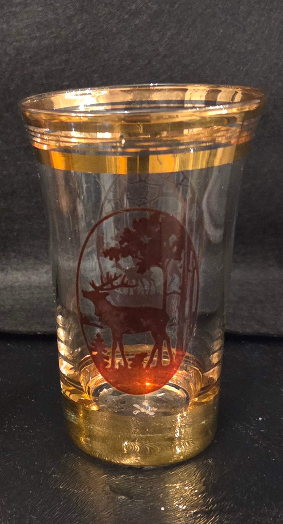 Vintage Belgian Glass Jug and two glasses with Gold Luster and Stag and Deers Scenes