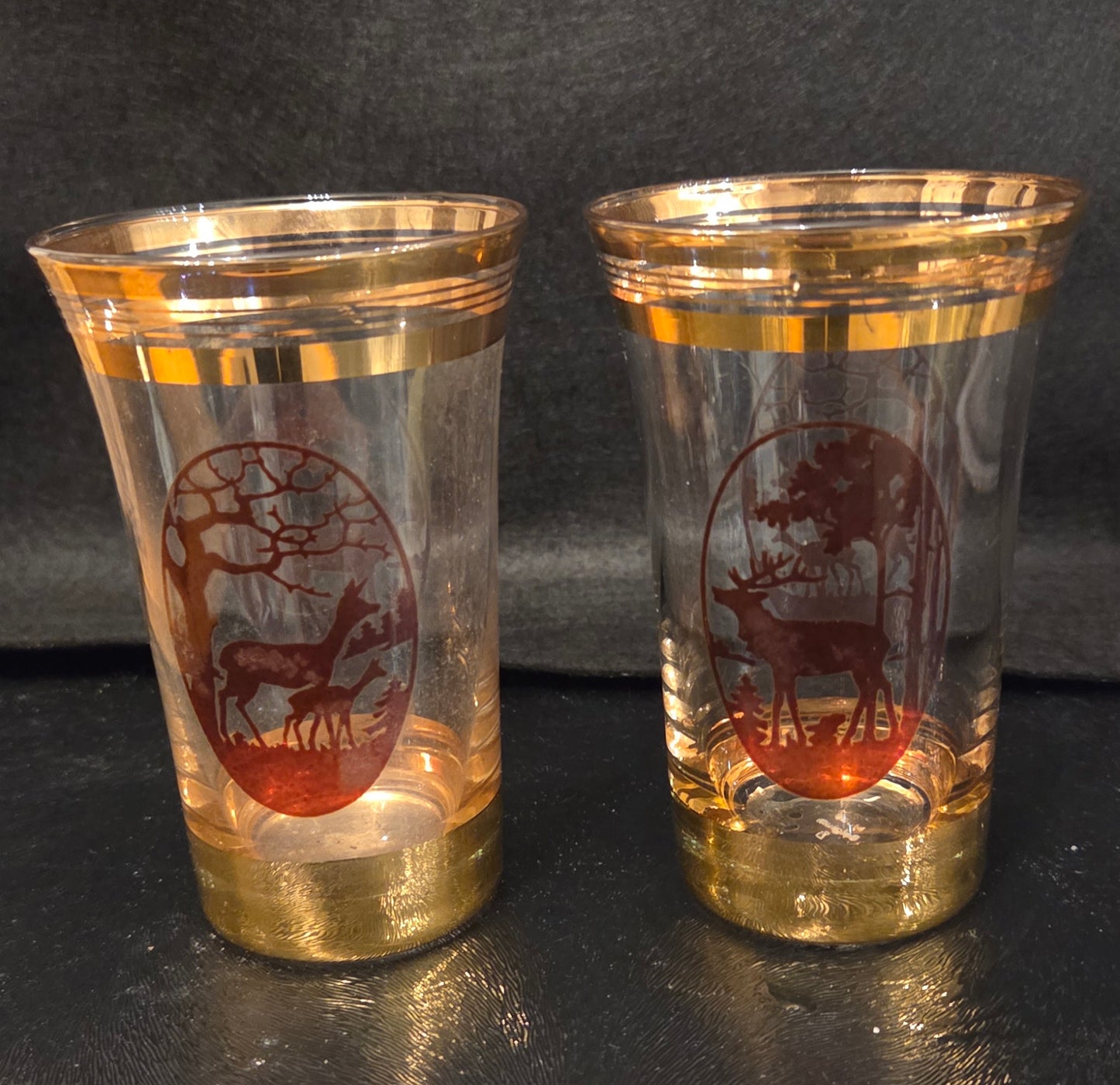 Vintage Belgian Glass Jug and two glasses with Gold Luster and Stag and Deers Scenes