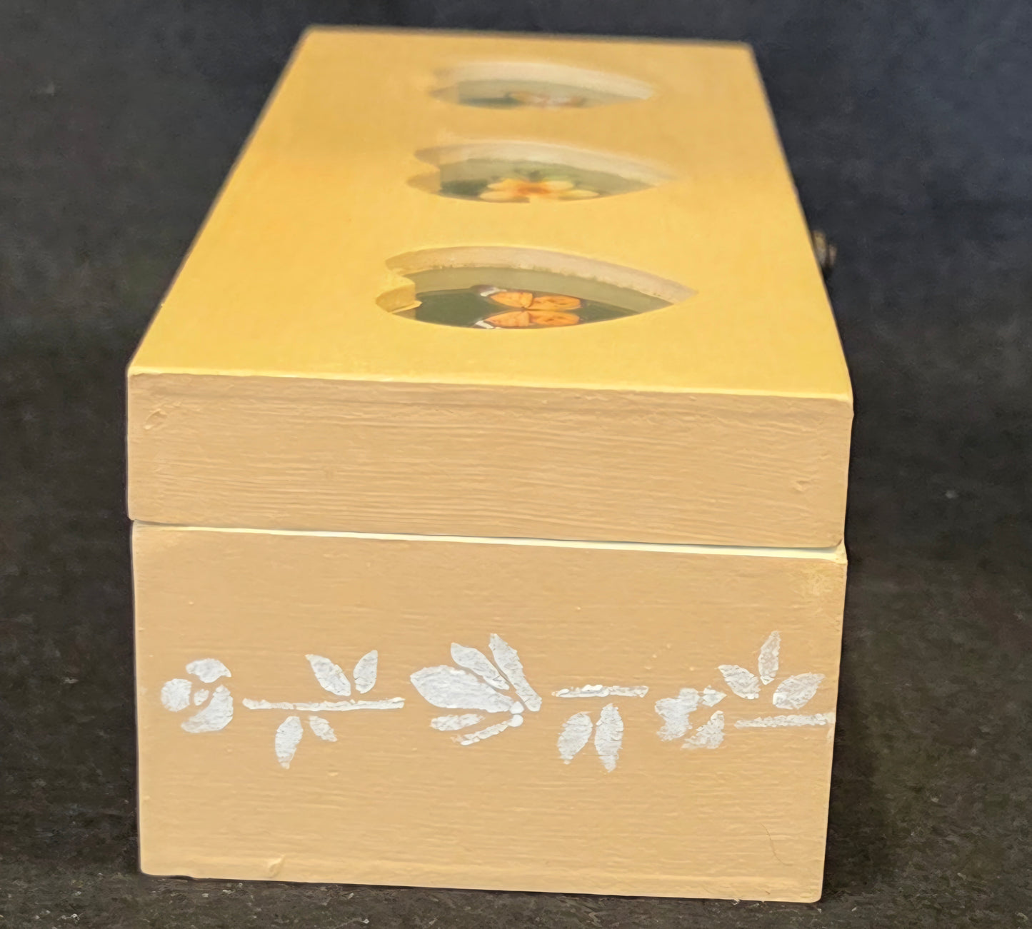 Oblong 3 Compartment, Hand Decorated, Heart Windowed Trinket Box