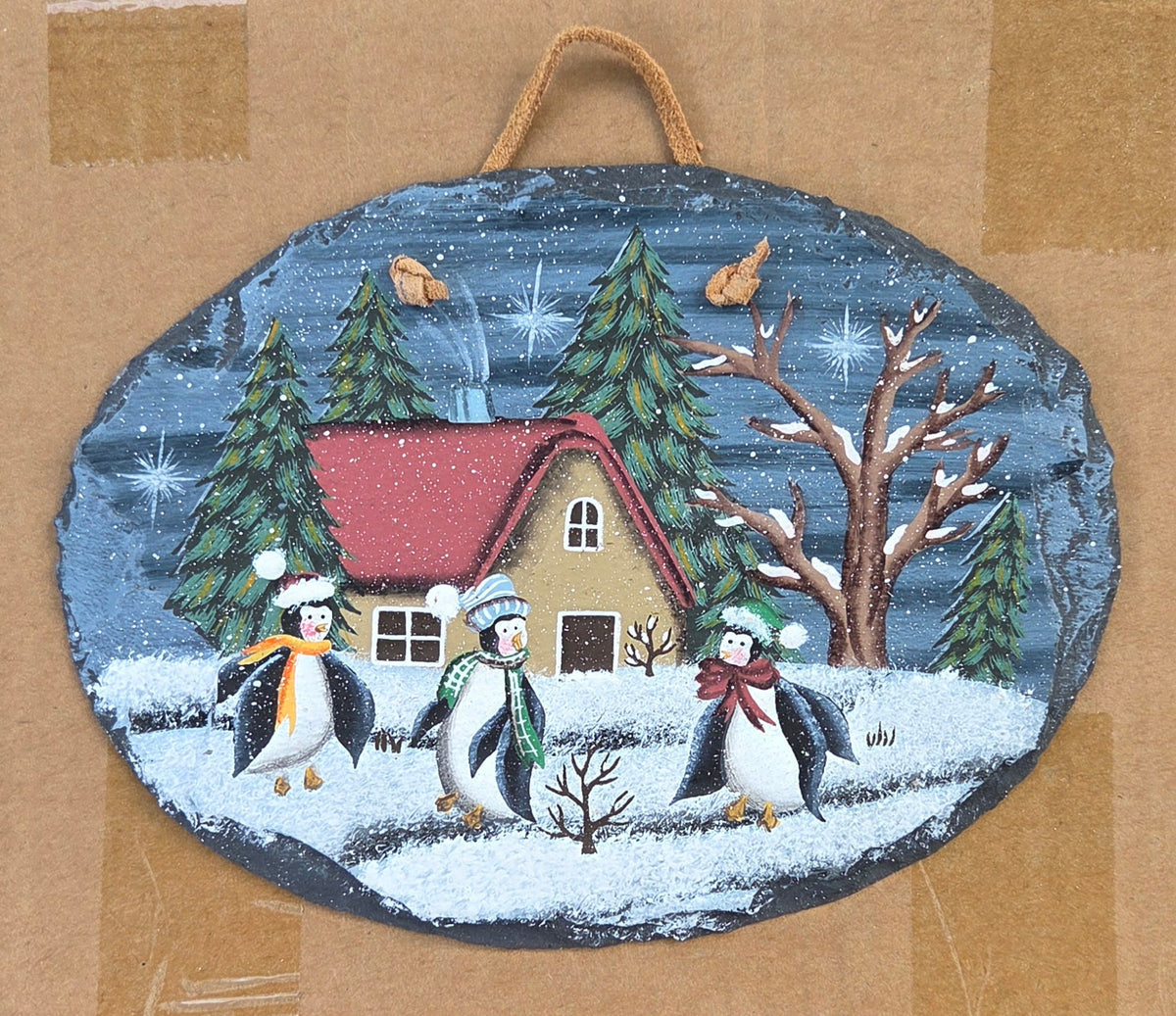 Hand Painted Winter Penguins Slate