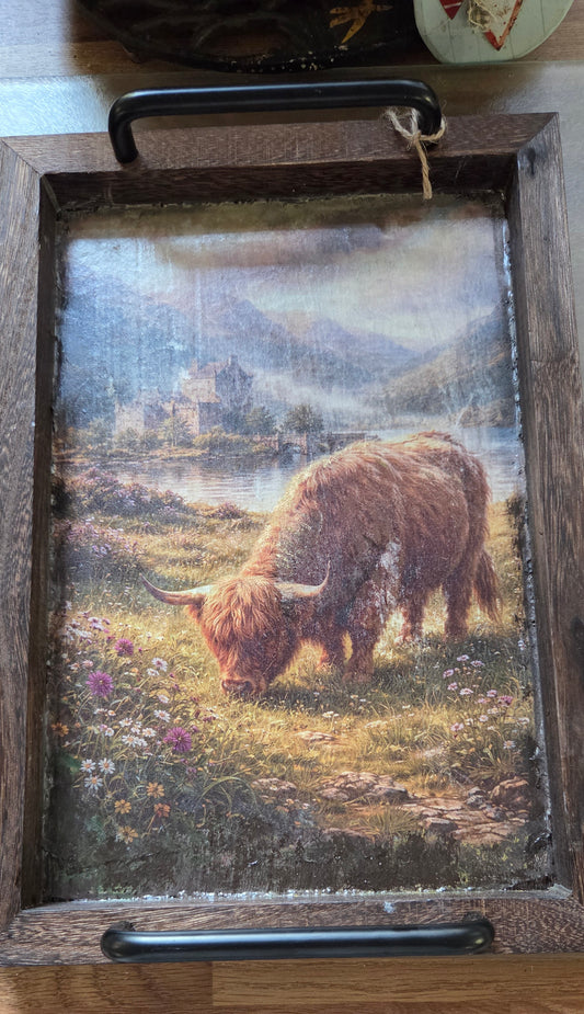 Wooden Tray with Handles Featuring an Highland Cow