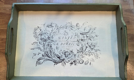 Vintage Wooden Vintage Tray - Green and White Winter design