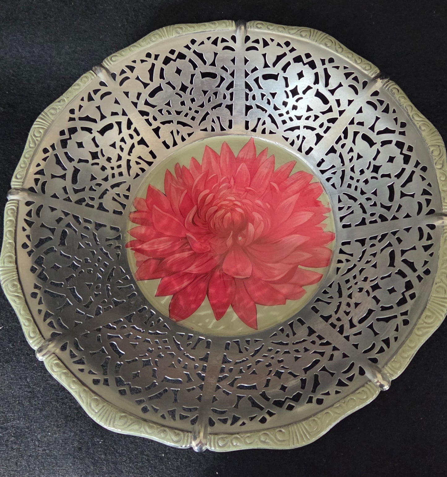 Delicate Hand Decorated Cut Out Steel Dahlia bowl.