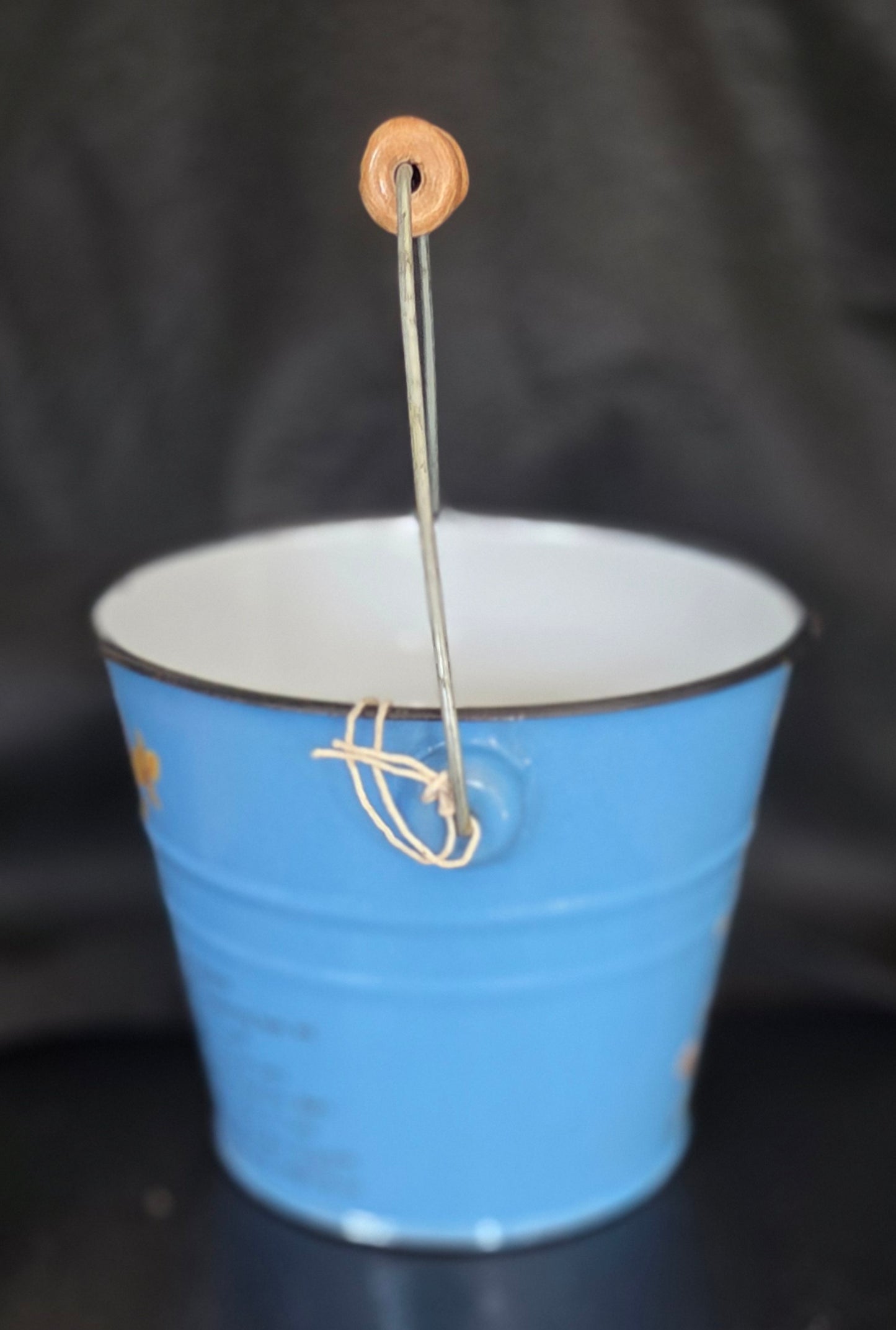 Blue Enamel Bucket/Pail Plant Pot with added floral details.