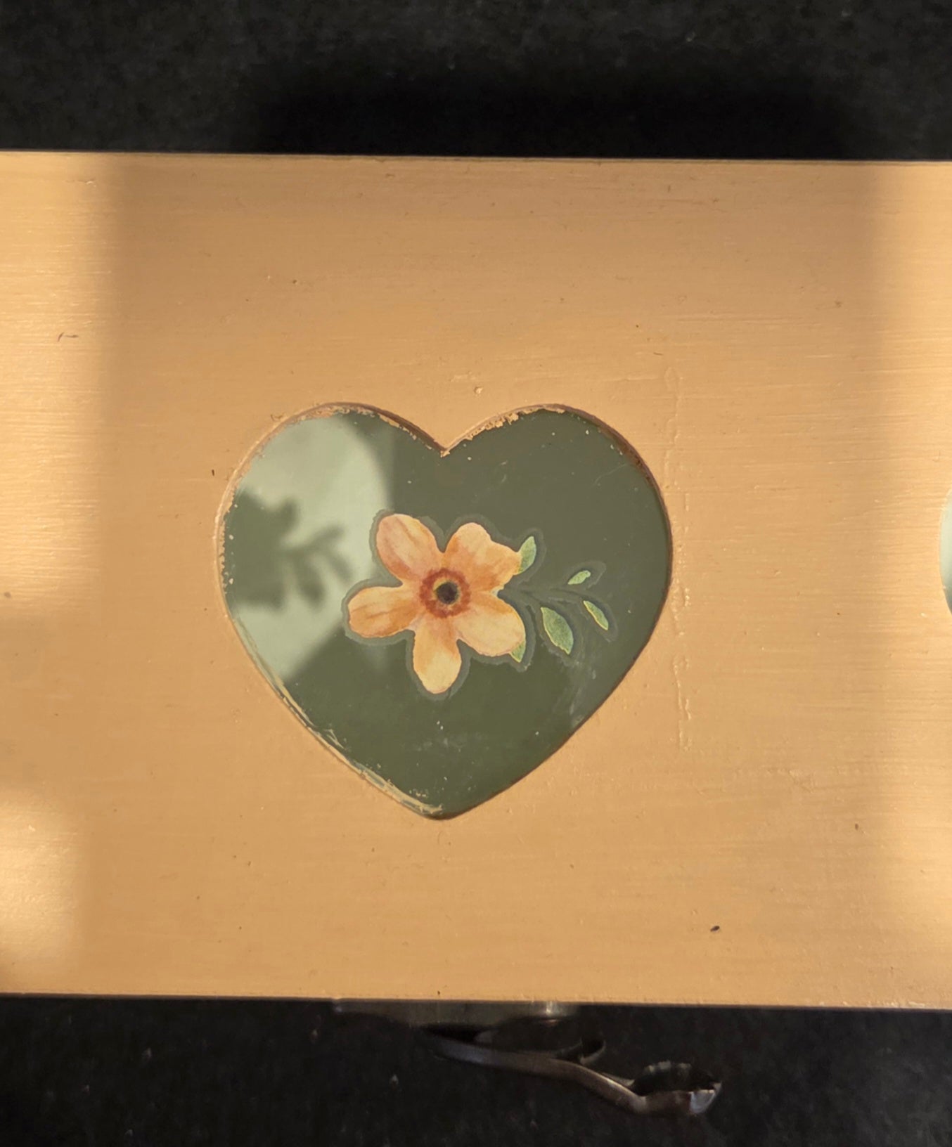 Oblong 3 Compartment, Hand Decorated, Heart Windowed Trinket Box