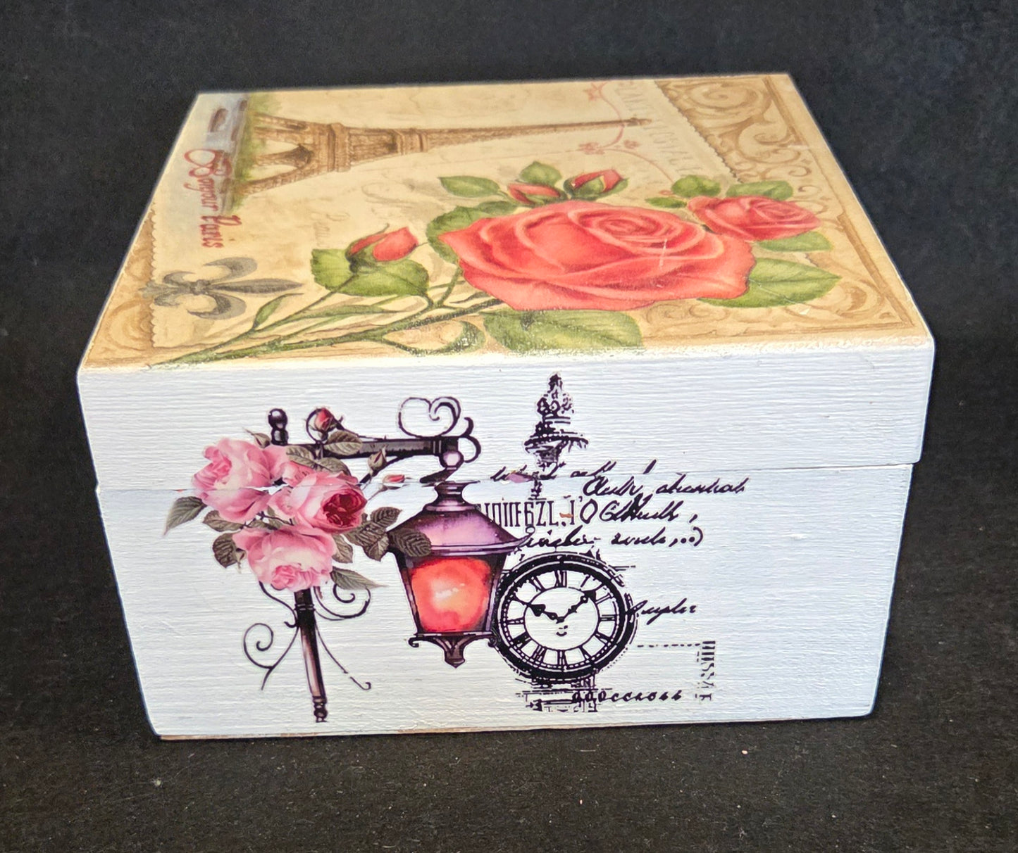 Parisian Themed Square Wooden Box with Clasp.
