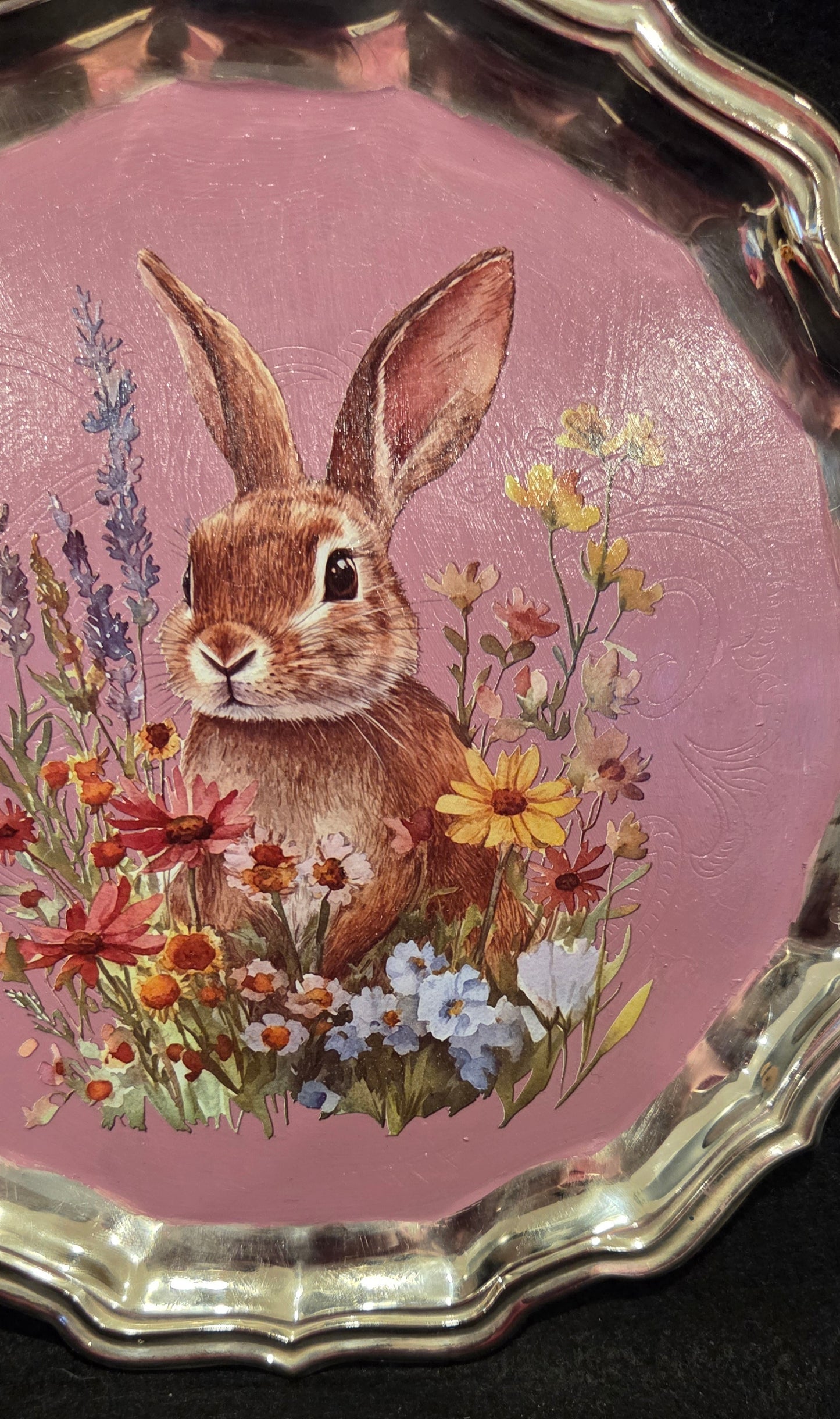 Delightful Bespoke Hand Decorated Rabbit Design Metal Tray - Pink