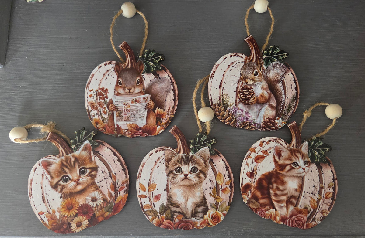 Cat and Squirrel 2d Pumpkin Hanging Ornaments