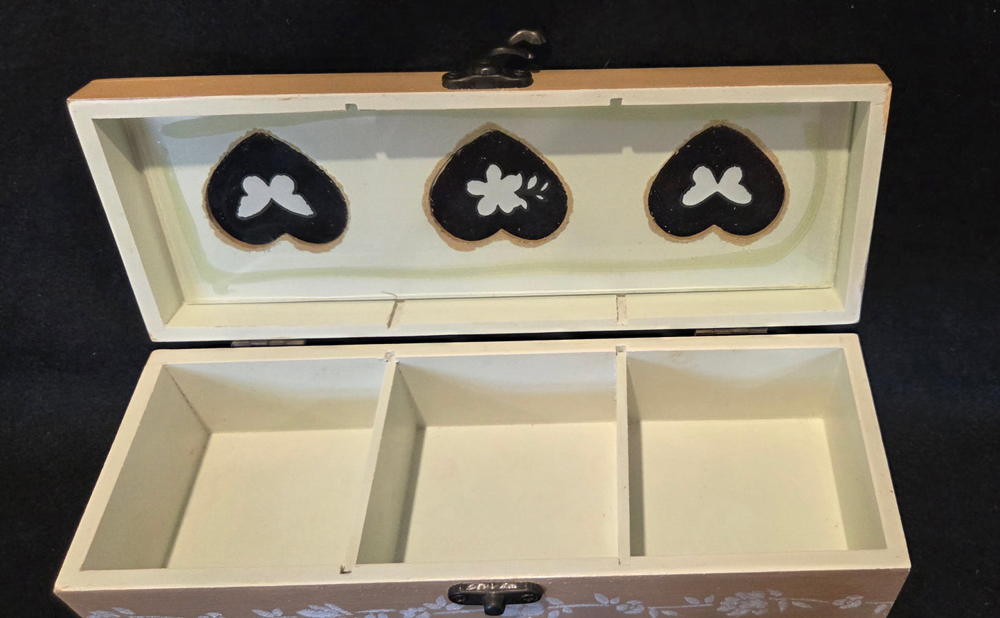 Oblong 3 Compartment, Hand Decorated, Heart Windowed Trinket Box