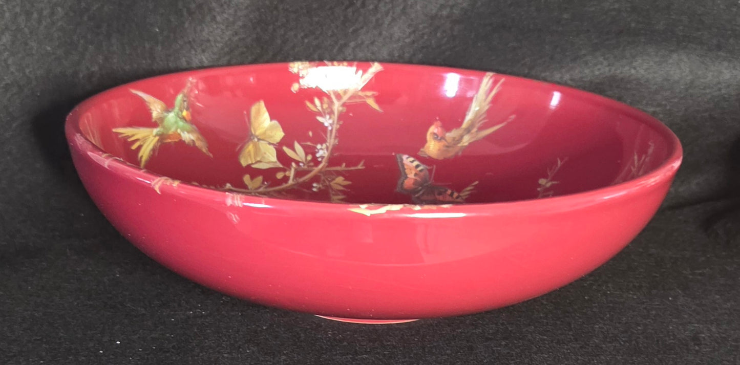 Beautiful Red Bowl with Lovely Floral, Bird and Butterfly Pattern