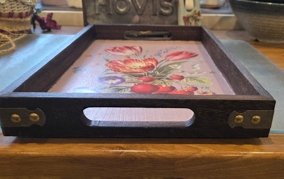 Beautiful Bespoke Hand Decorated Dark Wood 36cm Floral Tray