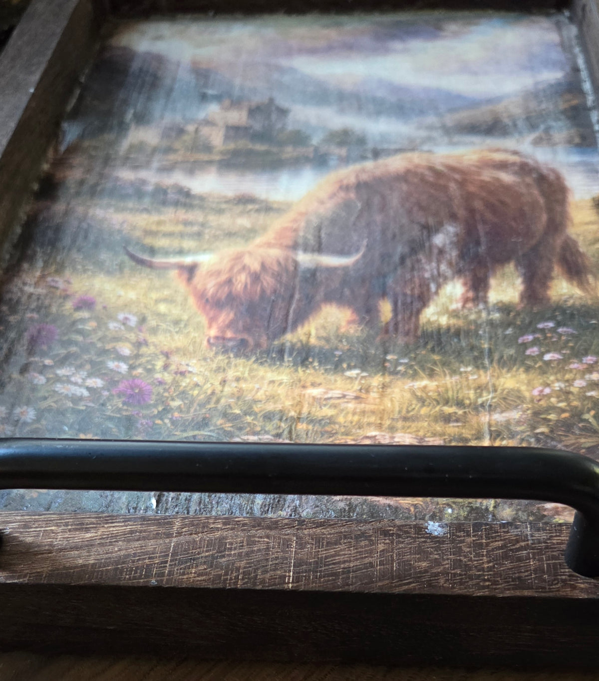 Wooden Tray with Handles Featuring an Highland Cow