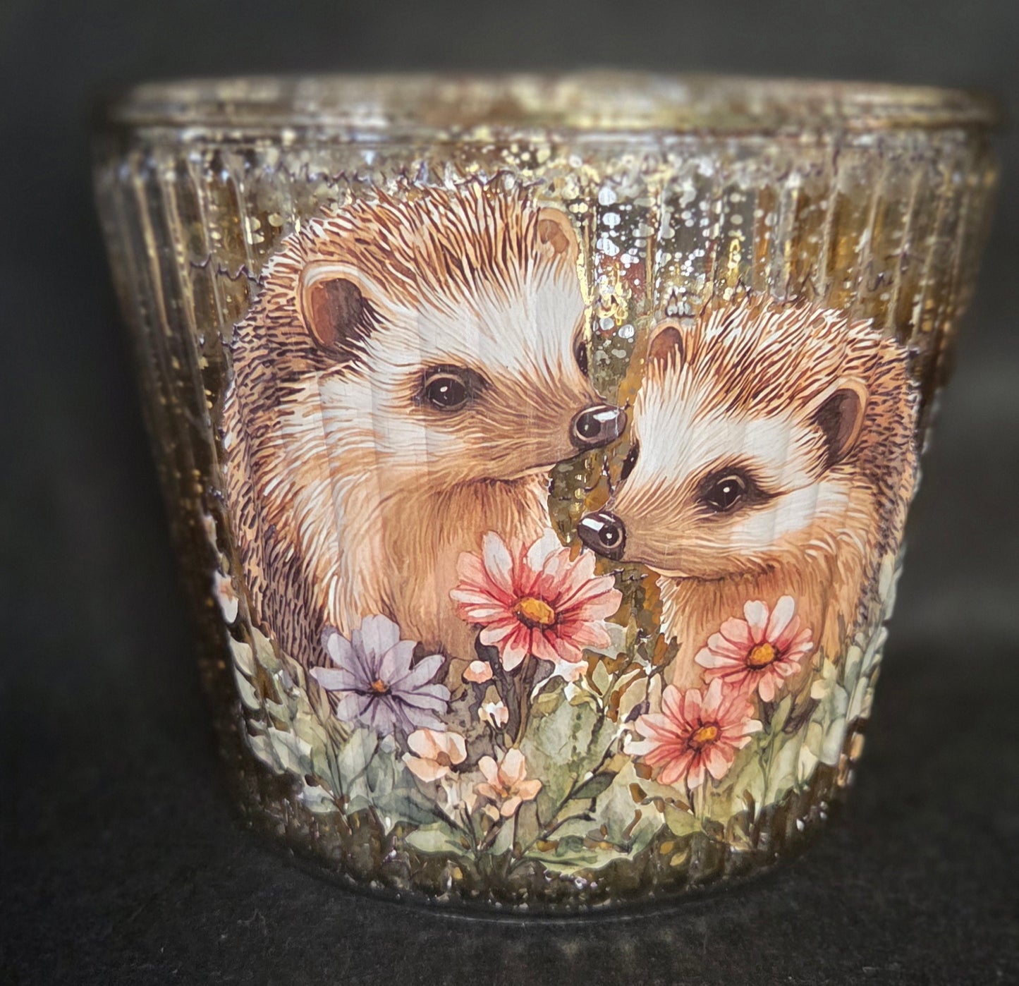 Floral and Hedgehogs Gold Mercury Glass Flower Pot