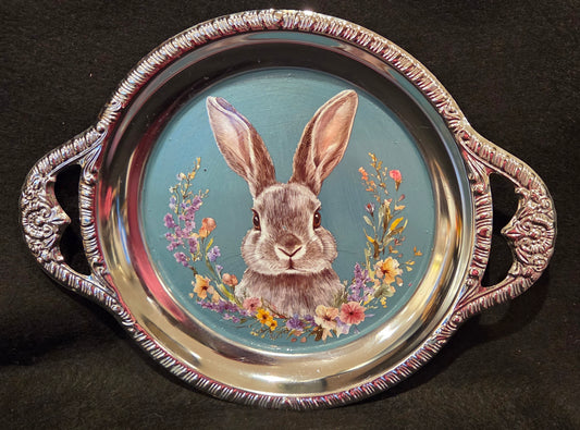 Delightful Bespoke Hand Decorated Rabbit Design Metal Tray