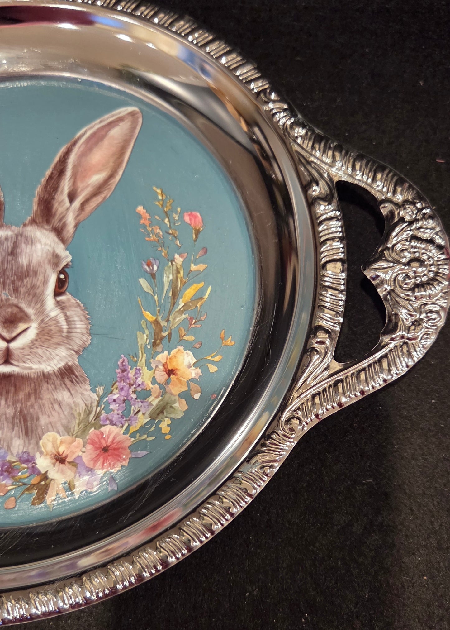 Delightful Bespoke Hand Decorated Rabbit Design Metal Tray
