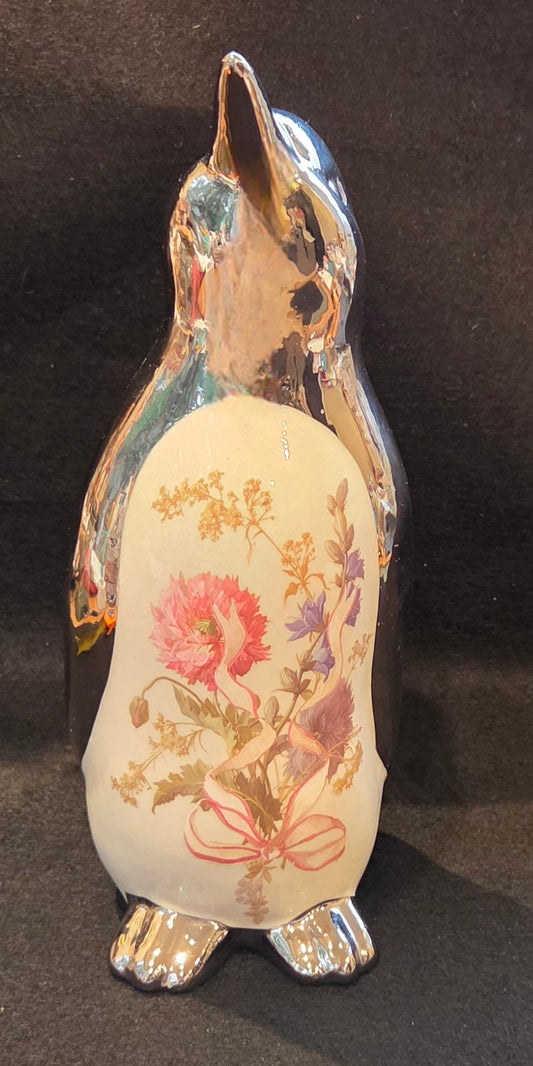 Bespoke Ceramic Silver, White and Floral Penquin
