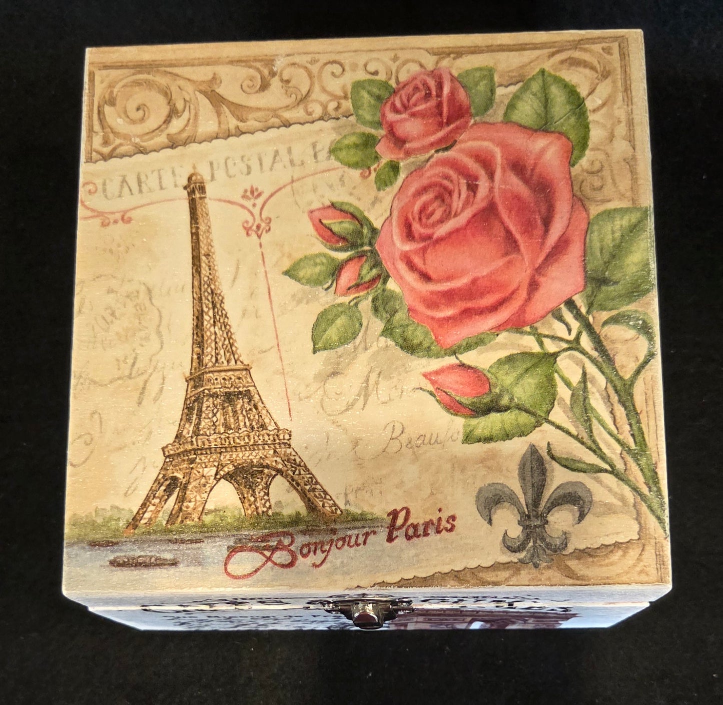 Parisian Themed Square Wooden Box with Clasp.