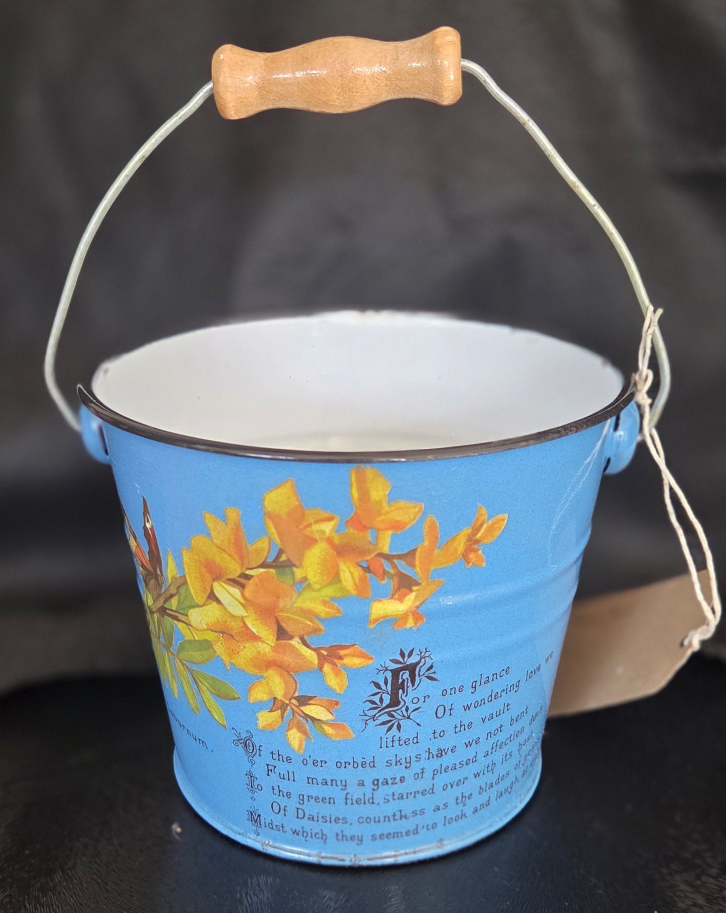 Blue Enamel Bucket/Pail Plant Pot with added floral details.