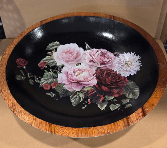 White and Black Pedestal Wooden Floral Bowl