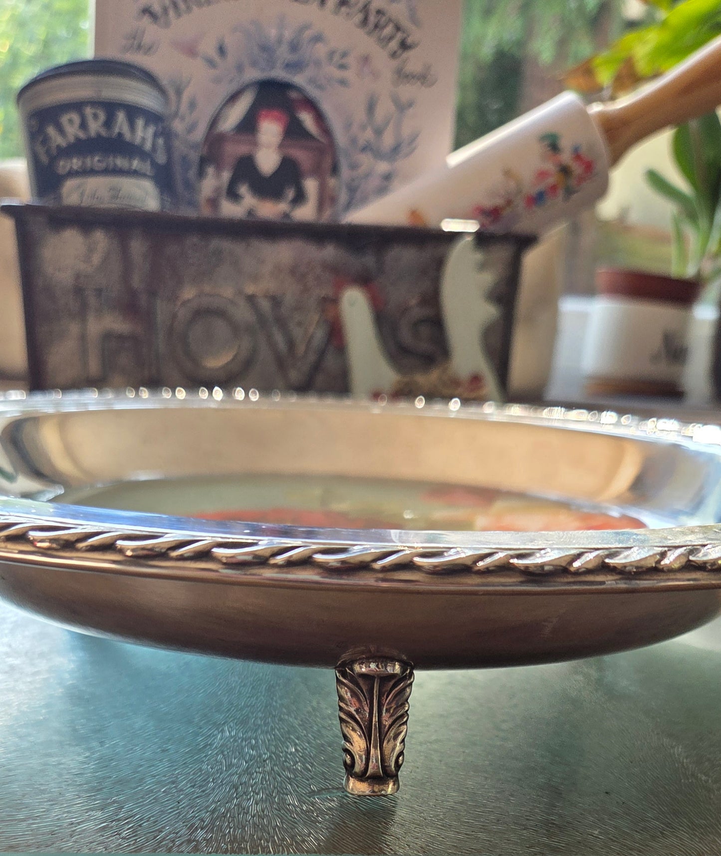 Re-imagined Plated Silver Metal Dish on Feet.
