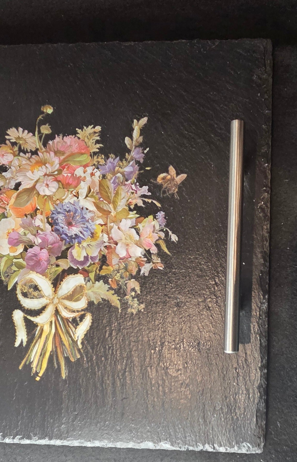 Bespoke, Large 30cm Square Slate Tray with Handles, Featuring a lovely Spring Bouquet