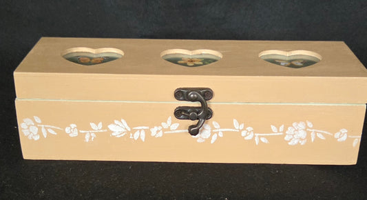 Oblong 3 Compartment, Hand Decorated, Heart Windowed Trinket Box