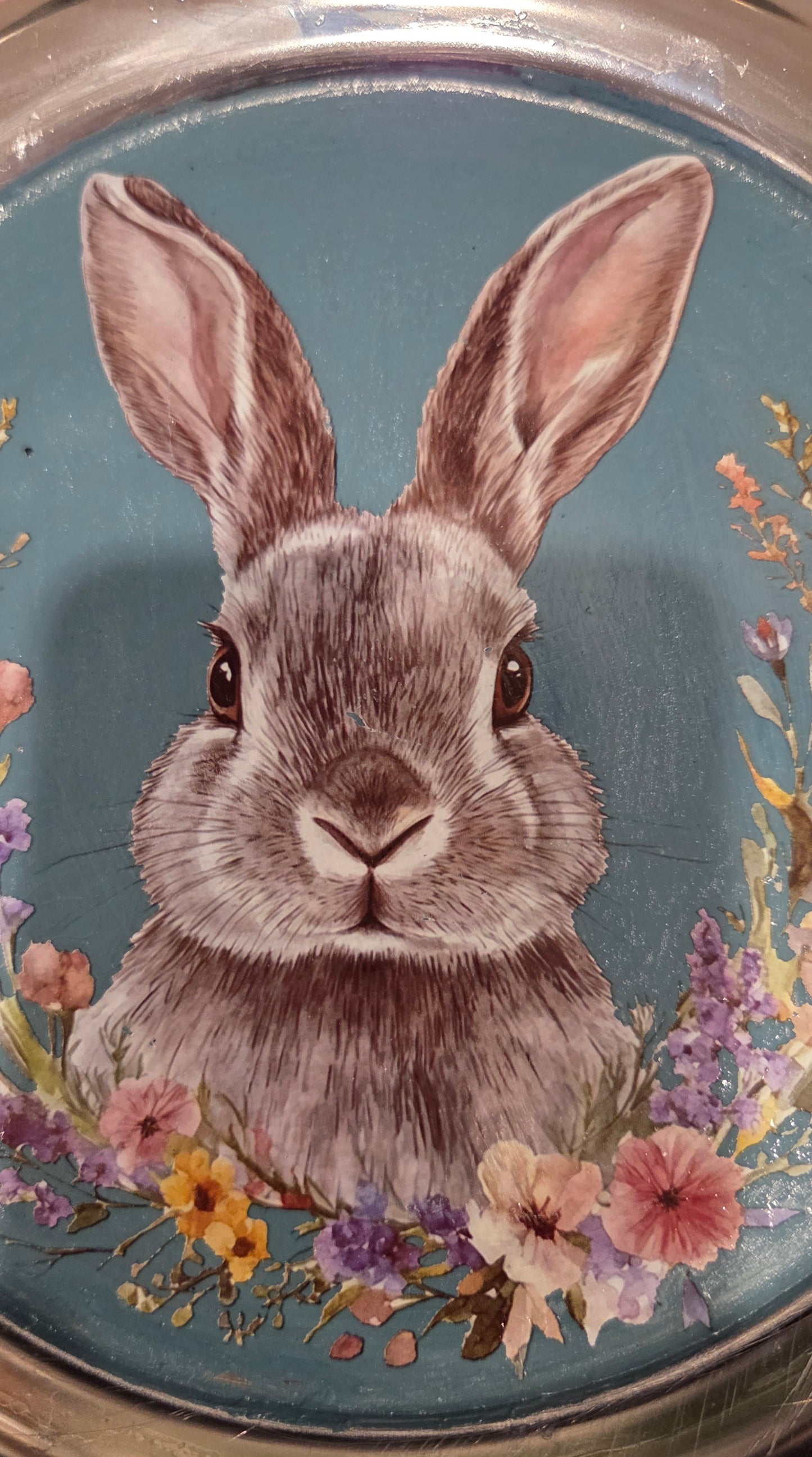 Delightful Bespoke Hand Decorated Rabbit Design Metal Tray