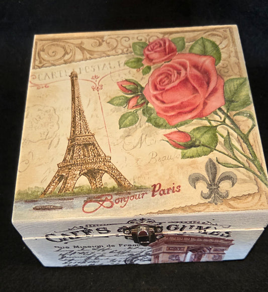 Parisian Themed Square Wooden Box with Clasp.