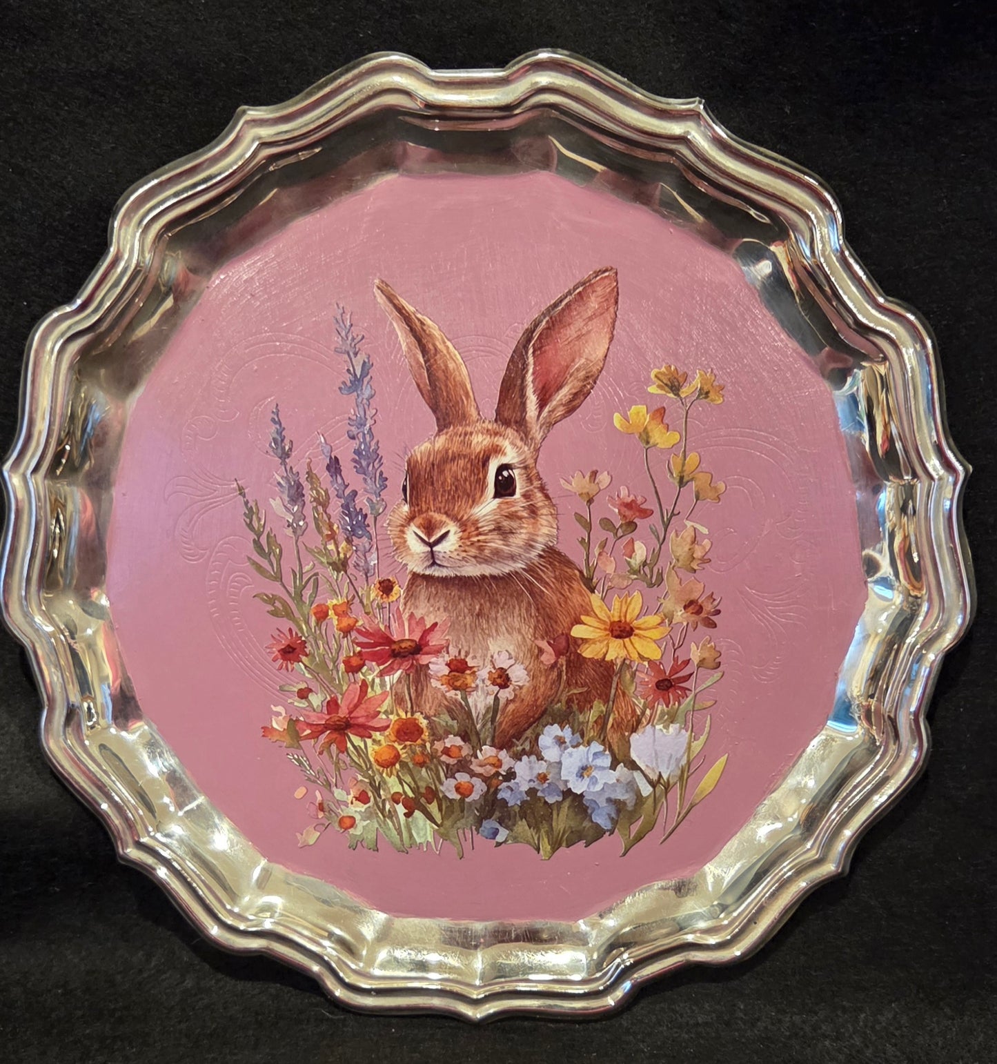 Delightful Bespoke Hand Decorated Rabbit Design Metal Tray - Pink