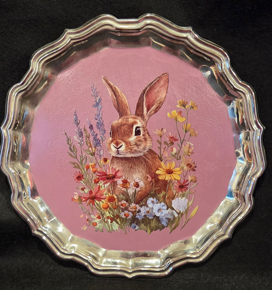 Delightful Bespoke Hand Decorated Rabbit Design Metal Tray - Pink