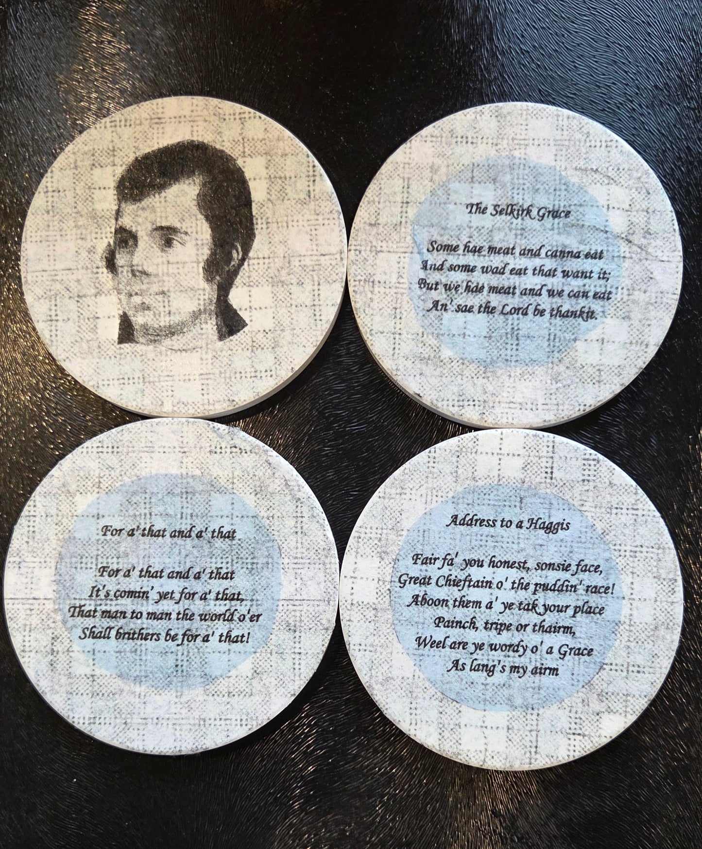 Set of 4 Scottish Themed Coasters - 2 sets available - Robbie Burns or Black Watch available.