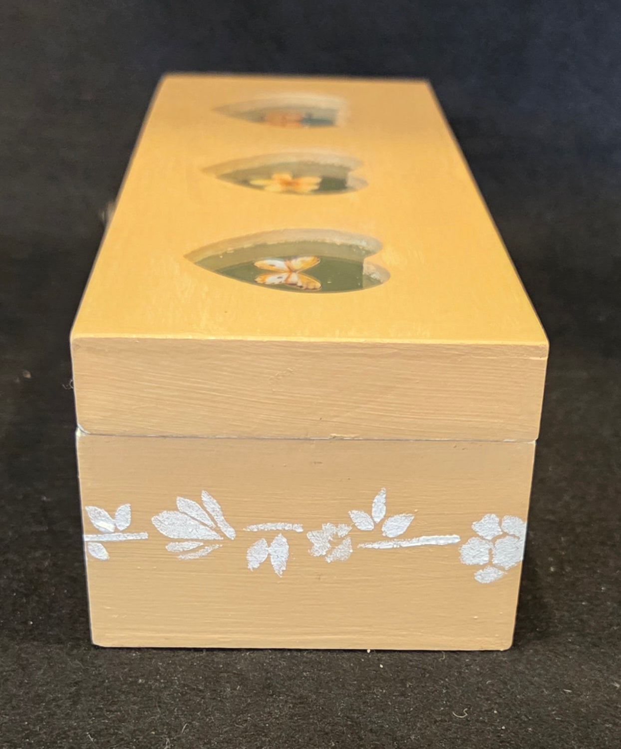 Oblong 3 Compartment, Hand Decorated, Heart Windowed Trinket Box