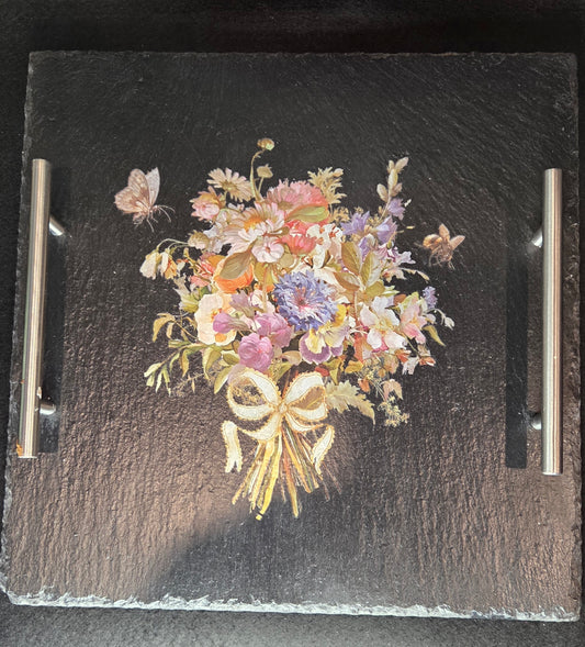 Bespoke, Large 30cm Square Slate Tray with Handles, Featuring a lovely Spring Bouquet